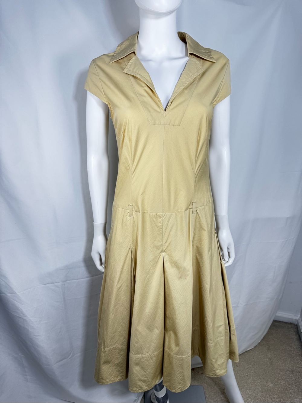 RENE LEZARD Tan Cotton Pleated Midi Collar Dress Sz 40 / US 10 Luxury